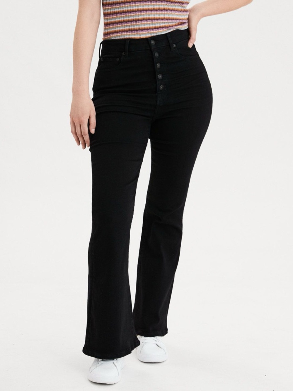 American Eagle Curvy Button Fly Highest Rise Black Wash Flare Jeans Size 14